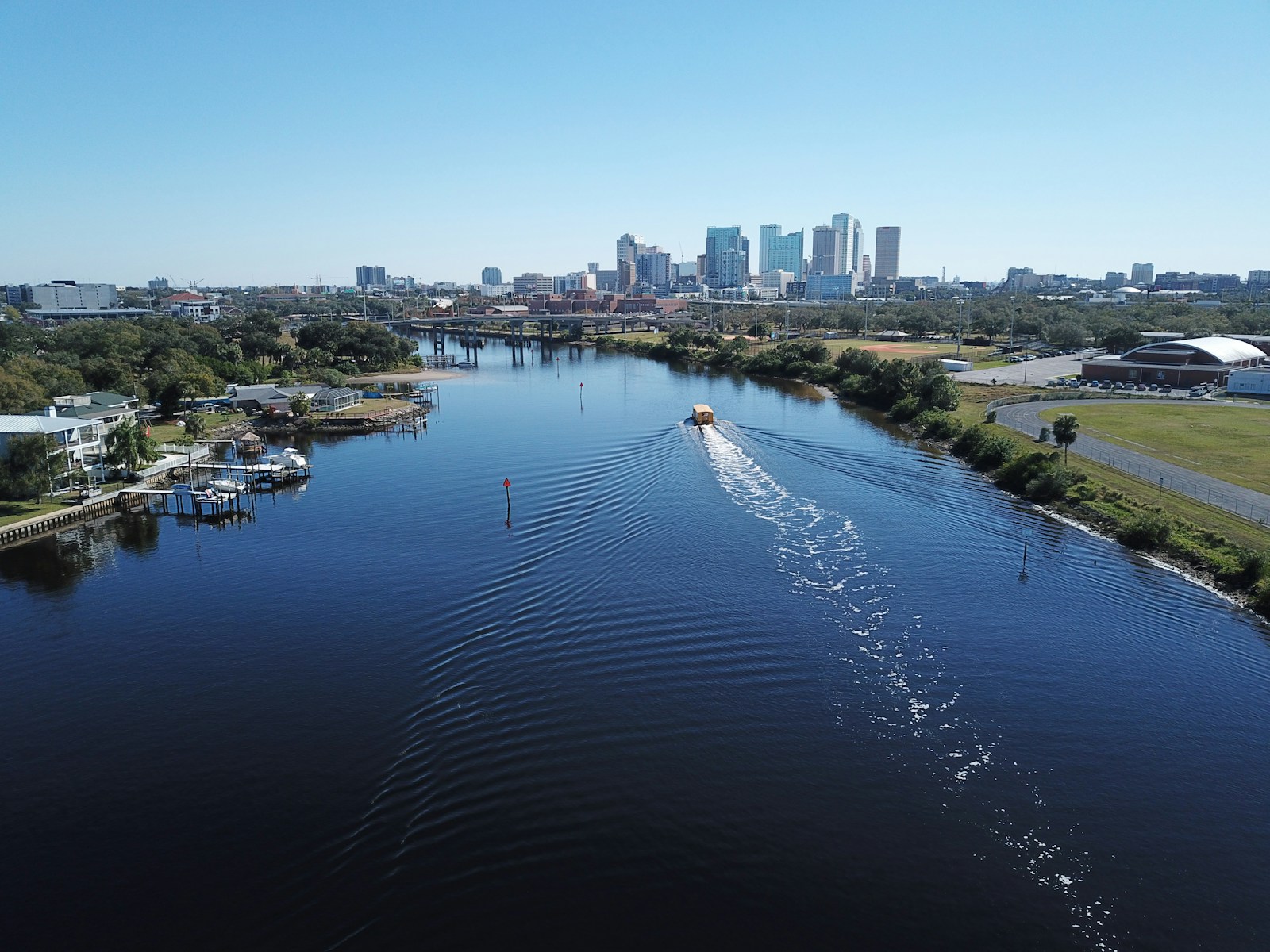 Tampa skyline and waterfront homes along the Hillsborough River